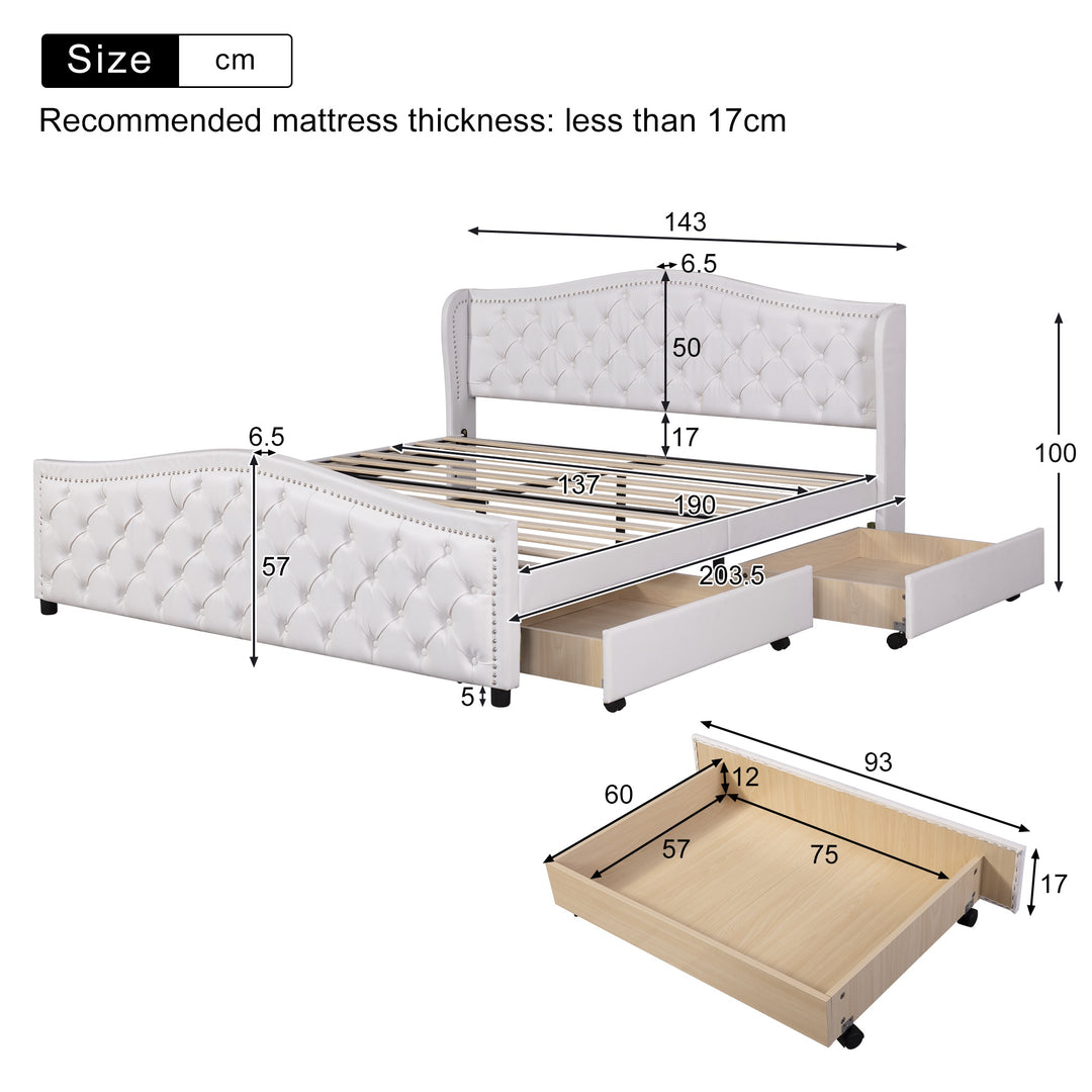 Double Upholstered Bed with Slatted Frame and 2 Drawers