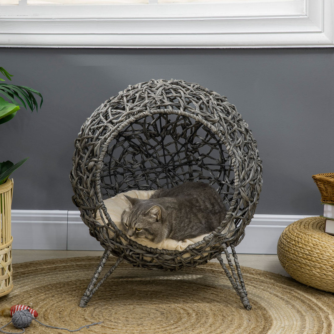 Rattan Elevated Cat Bed: Cosy Ball-Shaped Kitten Abode with Removable Cushion