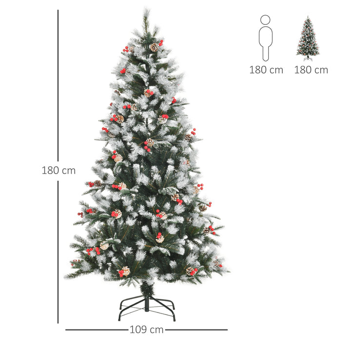 6FT Artificial Snow Dipped Christmas Tree Xmas Pencil Tree Holiday Home Party Decoration with Foldable Feet Red Berries White Pinecones