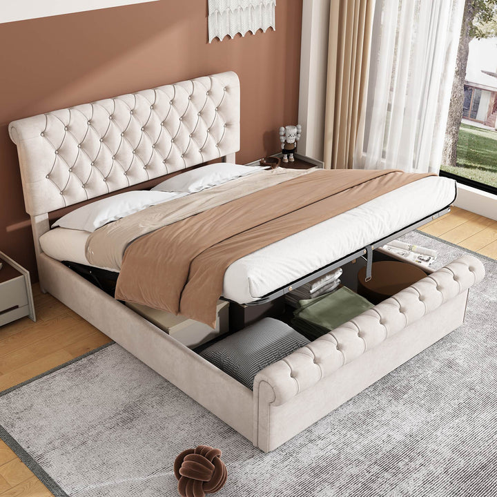 Double Luxurious Velvet Upholstered Bed with Button-Tufted Sleigh Design and Hidden Storage