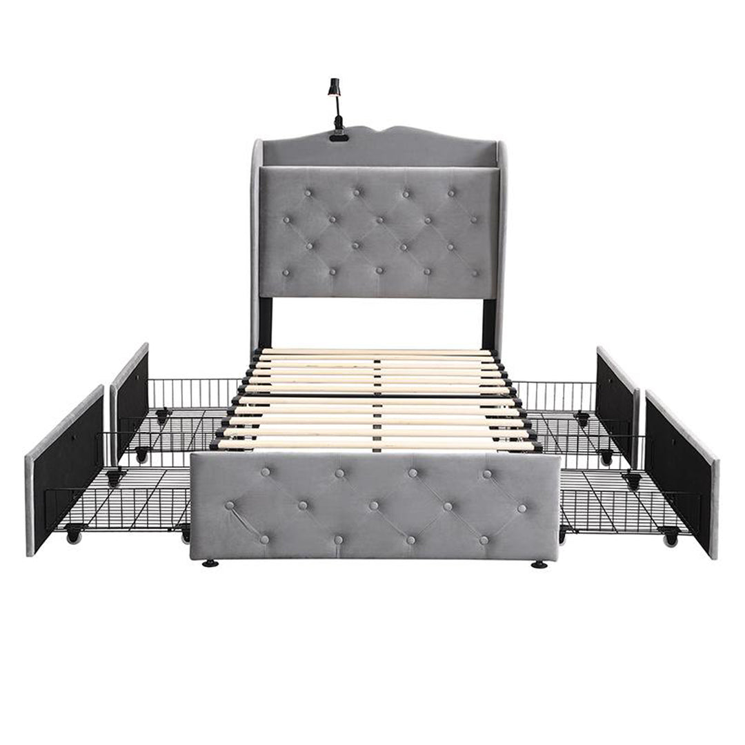 Single Velvet Upholstered Storage Bed with 4 Drawers