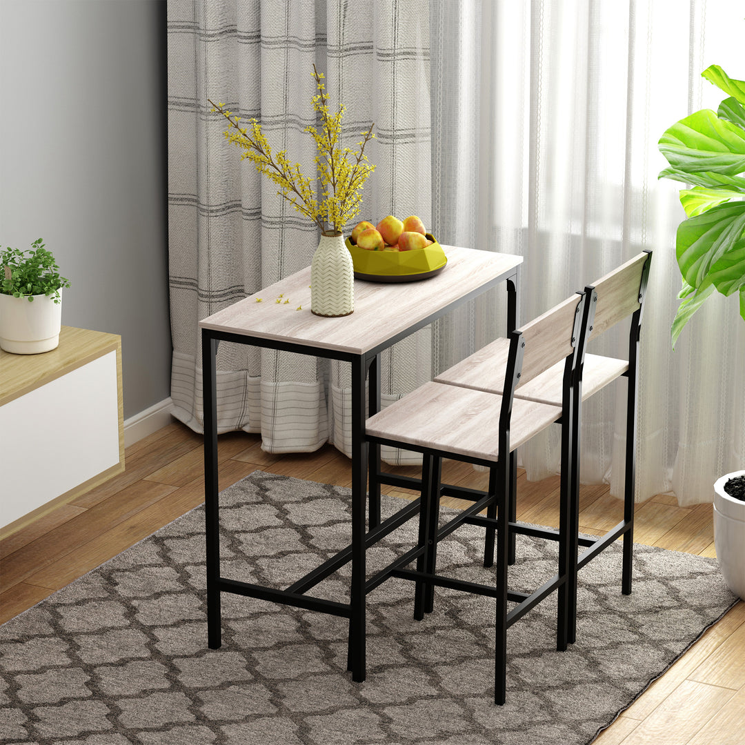 3 Pcs Table Stool Set Industrial Design w/ Metal Frame Oak Tone MDF Panels Minimal Compact Beautiful