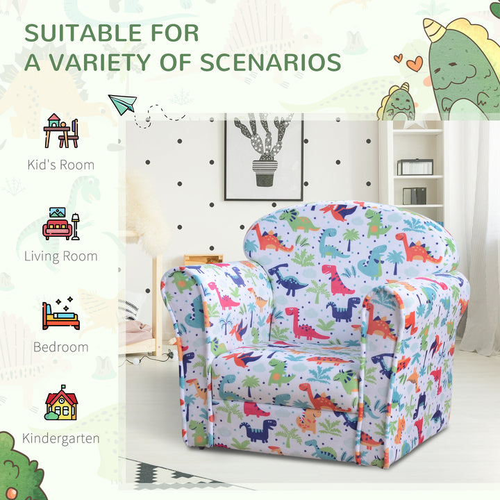 Children Armchair Kids Sofa Tub Chair Seat Cartoon Dinosaur Pattern Bedroom Flannel Wooden Frame Non-slip Playroom Seater