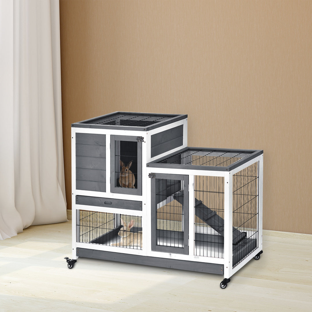 Wooden Indoor Guinea Pigs Hutches Elevated Cage Habitat with Enclosed Run with Wheels