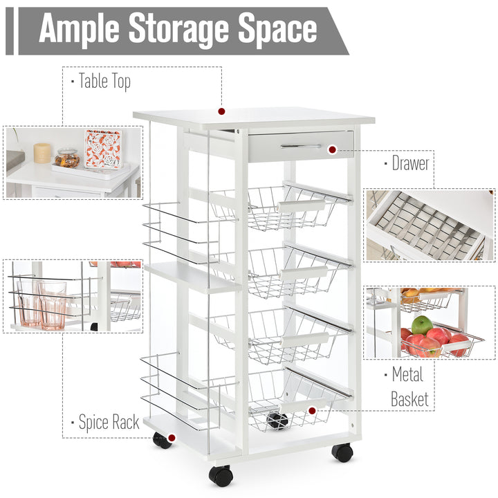 Multi-Use Kitchen Island Trolley w/ 4 Baskets 2 Side Racks Drawer Worktop 4 Wheels Worktop Food Storage Compact Furniture White