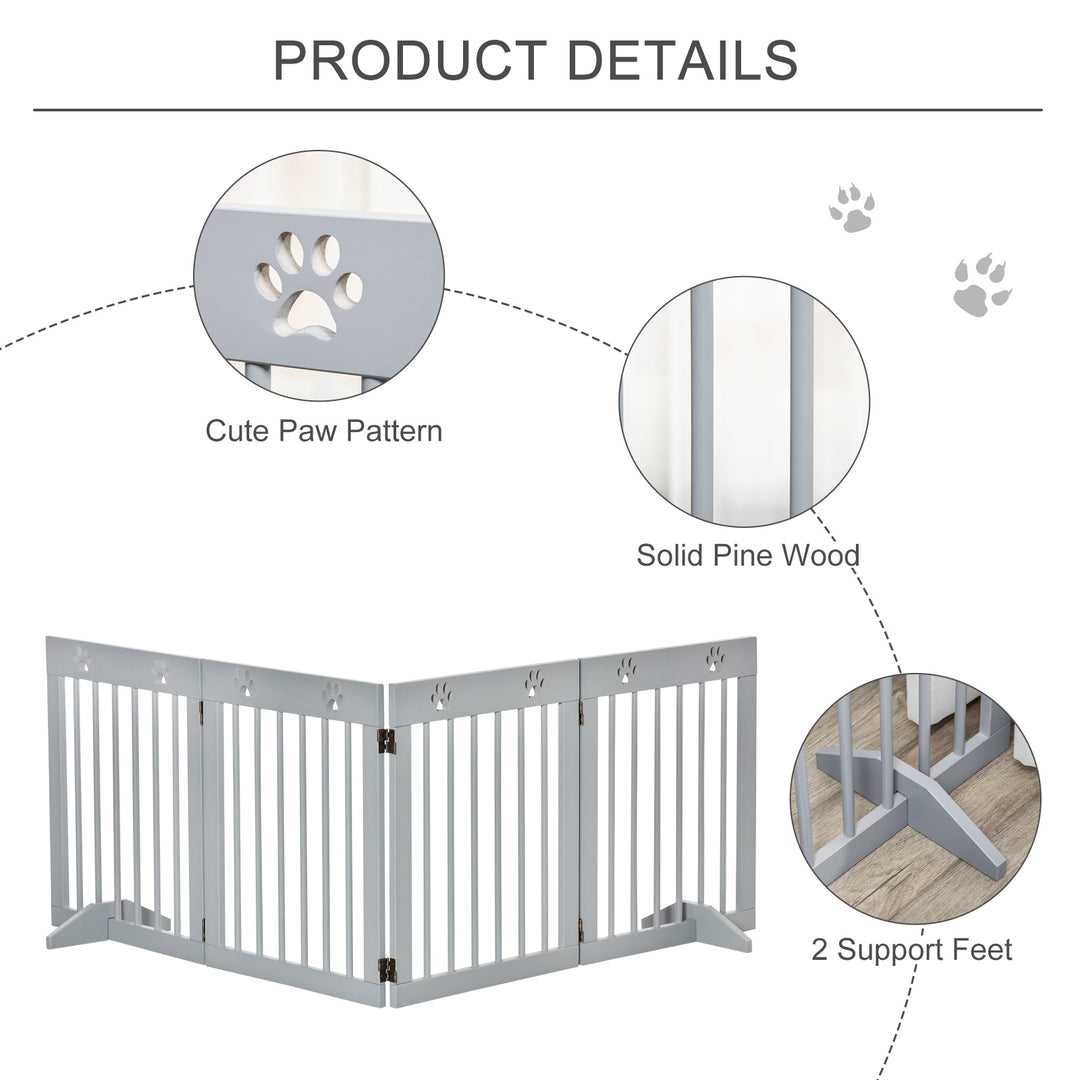 Pet Gate 4 Panel Wooden Dog Barrier Freestanding Folding Safety Fence with Support Feet up to 204cm Long 61cm Tall Light Grey