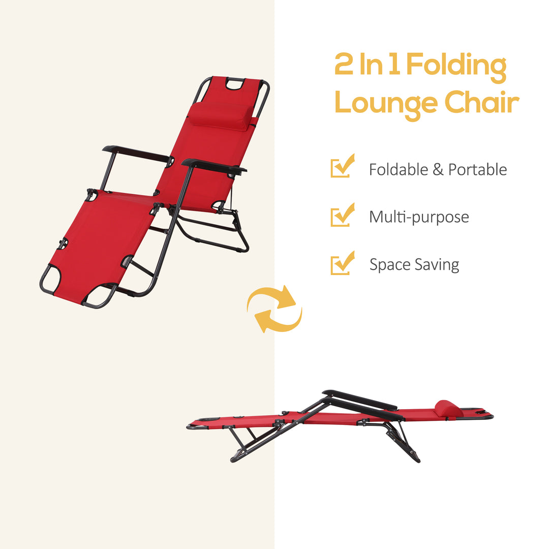 2 in 1 Sun Lounger Folding Reclining Chair Garden Outdoor Camping Adjustable Back with Pillow (Red)