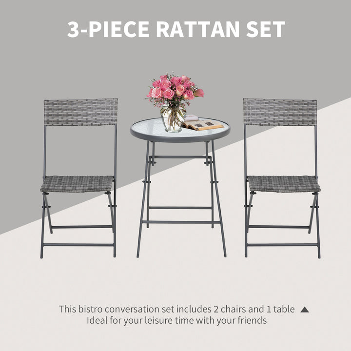 2 Seater Rattan Bistro Set Outdoor Foldable Wicker Conversation Balcony Furniture Set for Outdoor Yard Porch Balcony Grey