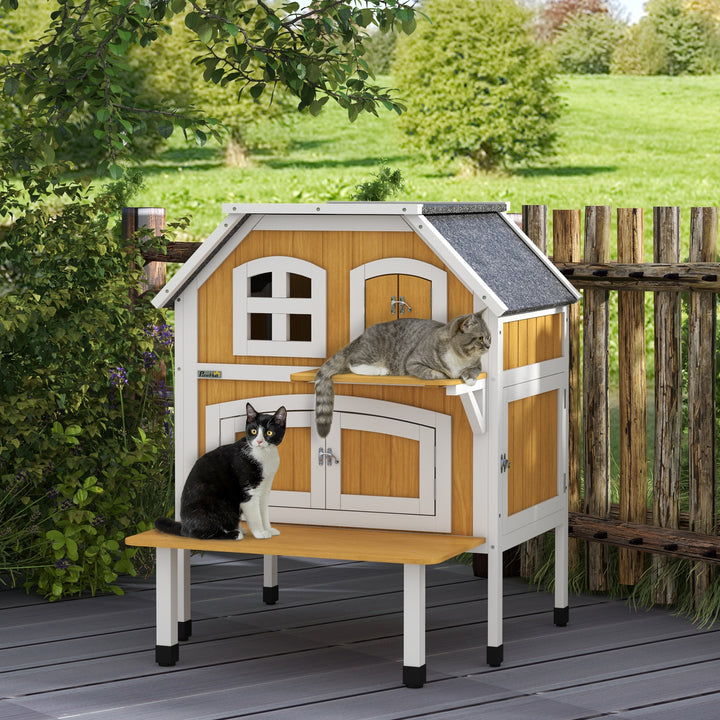 Outdoor Cat Shelter 2 Tiers Wooden Feral Cat House with Openable Asphalt Roof