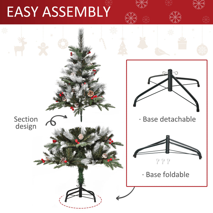 4FT Artificial Snow Dipped Christmas Tree Xmas Pencil Tree Home Party Decoration w/ Foldable Feet Berries & Pinecones