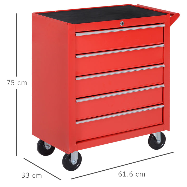 5 Drawer Roller Tool Cabinet Storage Box Workshop Chest Garage Wheeling Trolley w/ Handle - Red