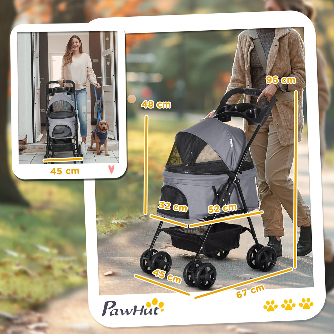 No-Zip Pet Stroller Dog Cat Travel Pushchair One-Click Fold Trolley Jogger w/ EVA Wheels Brake Basket Adjustable Canopy