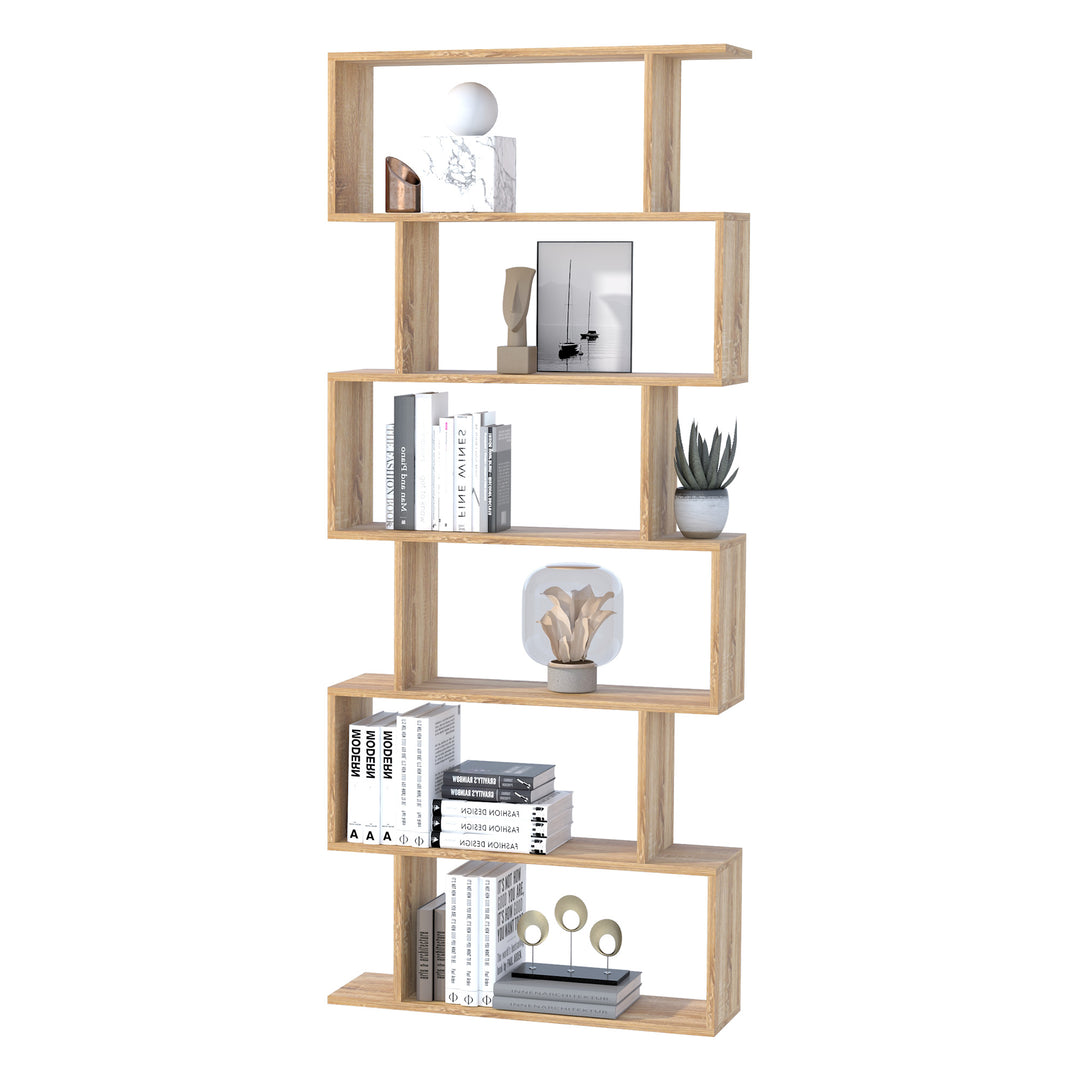 Serpentine Shelf: Oakwood Room Divider with 6 Shelves