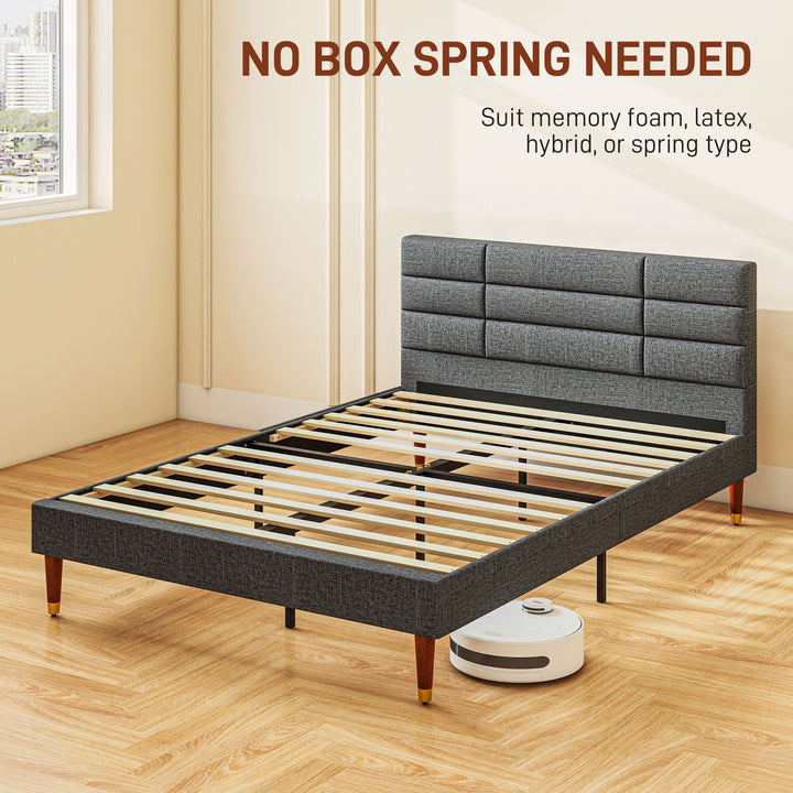 4ft5 Upholstered Double Platform Bed Frame with Underbed Storage Tufted Headboard Wood Slat No Box Spring Needed