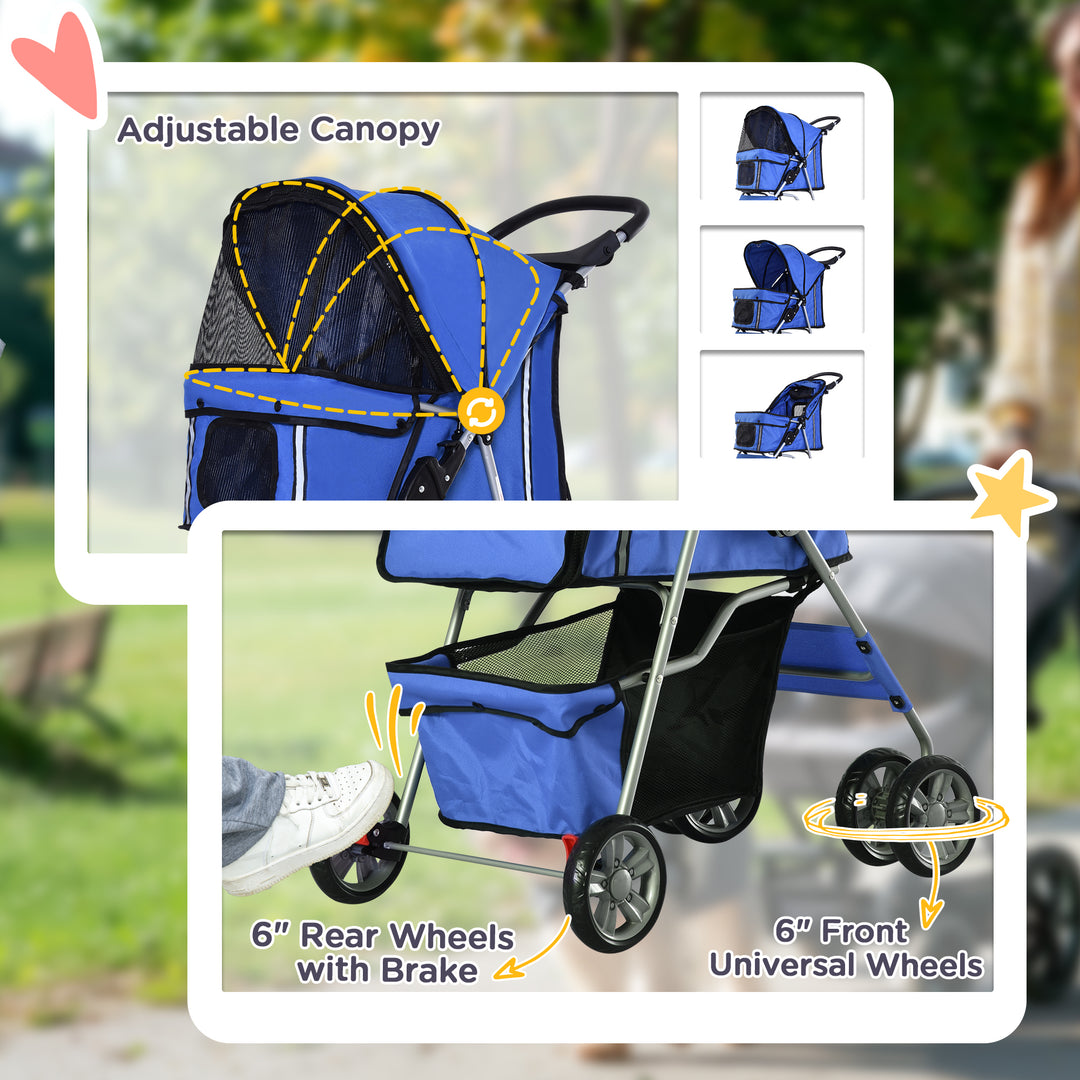 Dog Pushchair for Small Miniature Dogs Cats Foldable Travel Carriage with Wheels Zipper Entry Cup Holder Storage Basket Blue