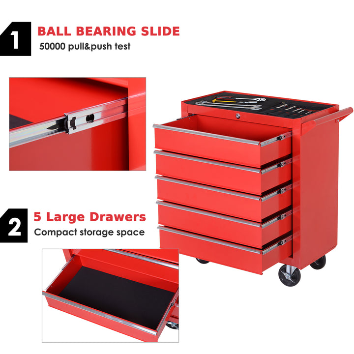 5 Drawer Roller Tool Cabinet Storage Box Workshop Chest Garage Wheeling Trolley w/ Handle - Red