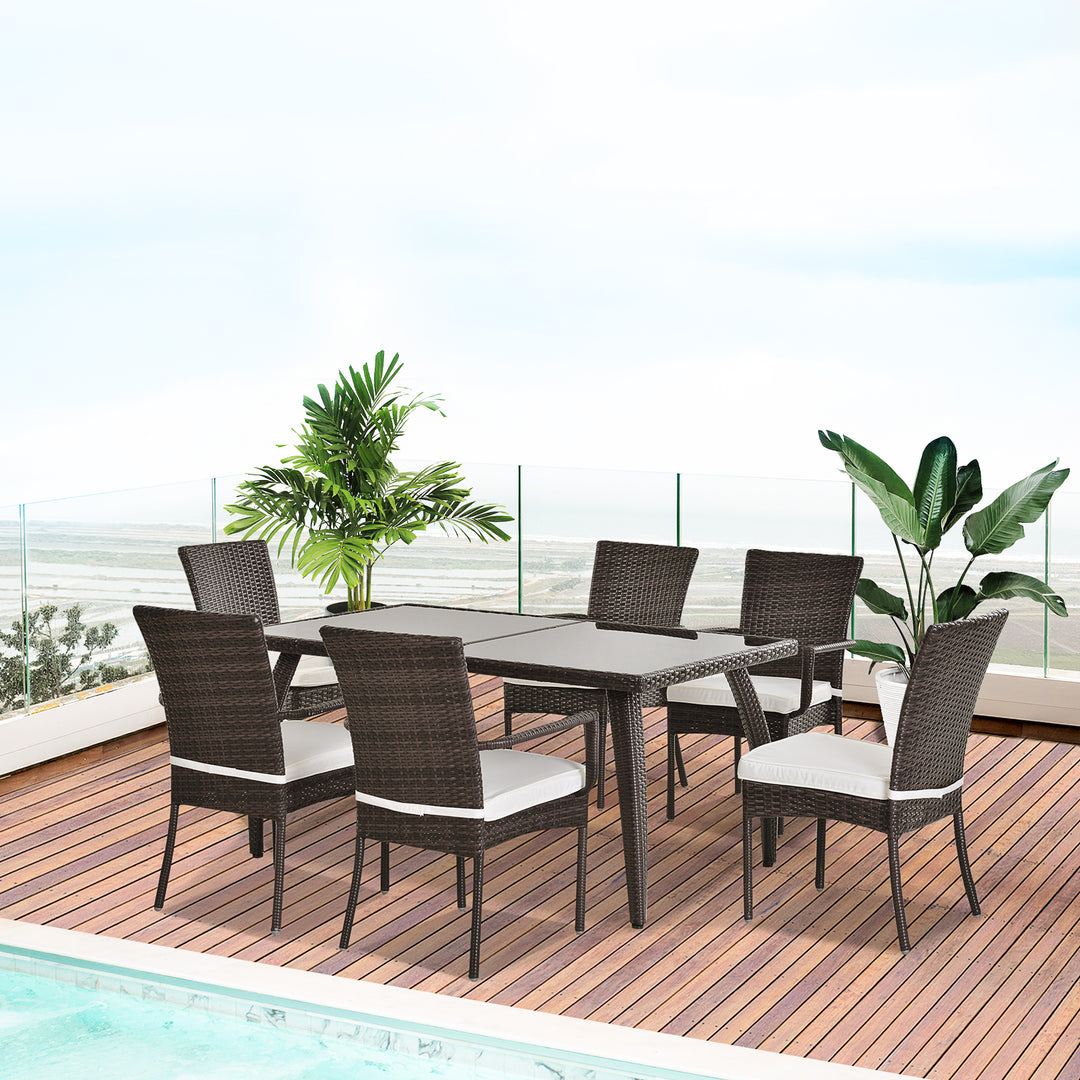 6-Seater Rattan Dining Set 6 Wicker Weave Chairs & Tempered Glass Top Dining Table 6 Seater Outdoor Backyard Garden Furniture