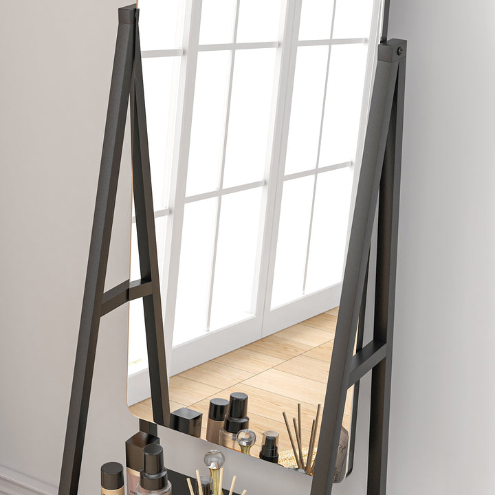 Rolling Full-Length Dressing Mirror on Wheels with Adjustable Angle & Storage Shelves for Bedroom