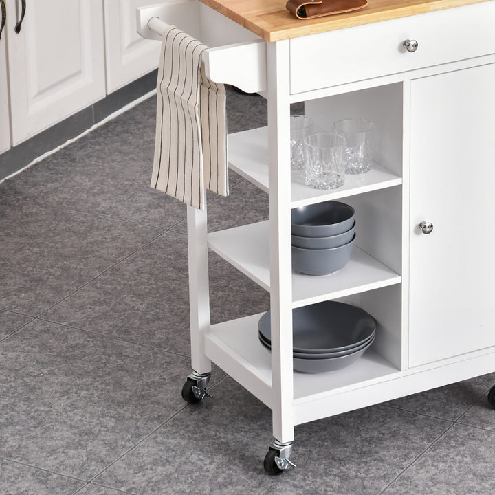 Kitchen Storage Trolley Unit w/ Wood Top 3 Shelves Cupboard Drawer Rail 4 Wheels Handles Moving Shelf Handy Spacesaver White