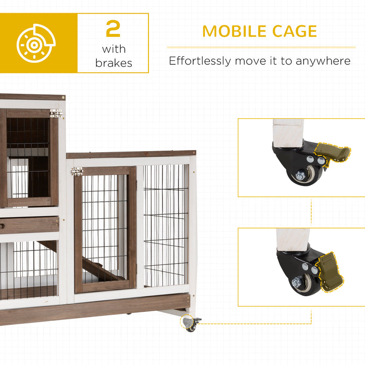 Wooden Indoor Rabbit Hutch Guinea Pig House Bunny Small Animal Cage W/ Wheels Enclosed Run 110 x 50 x 86 cm