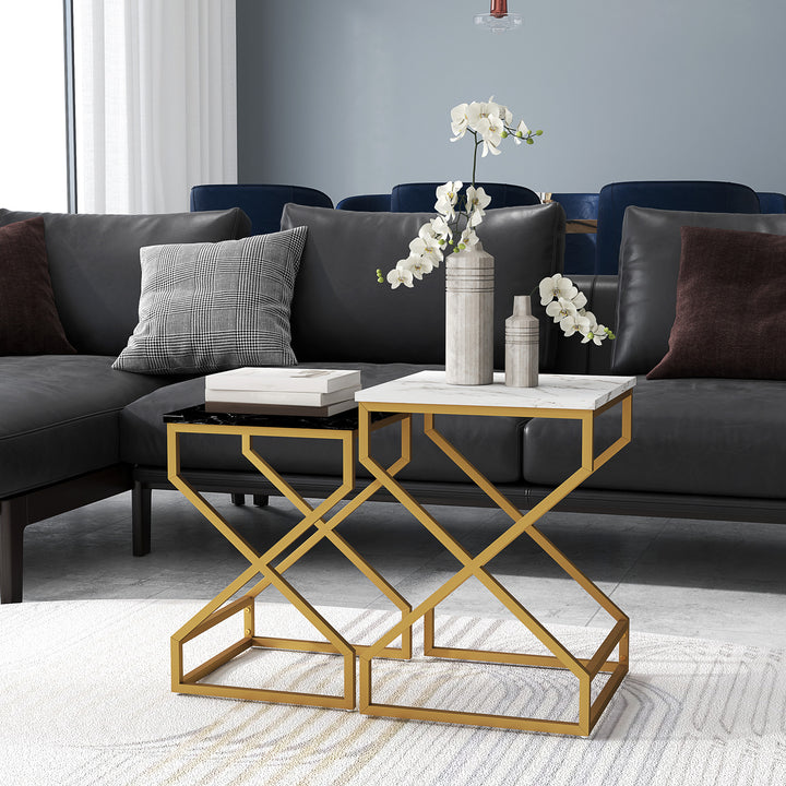 Set of Two Marble-Effect Nesting Tables