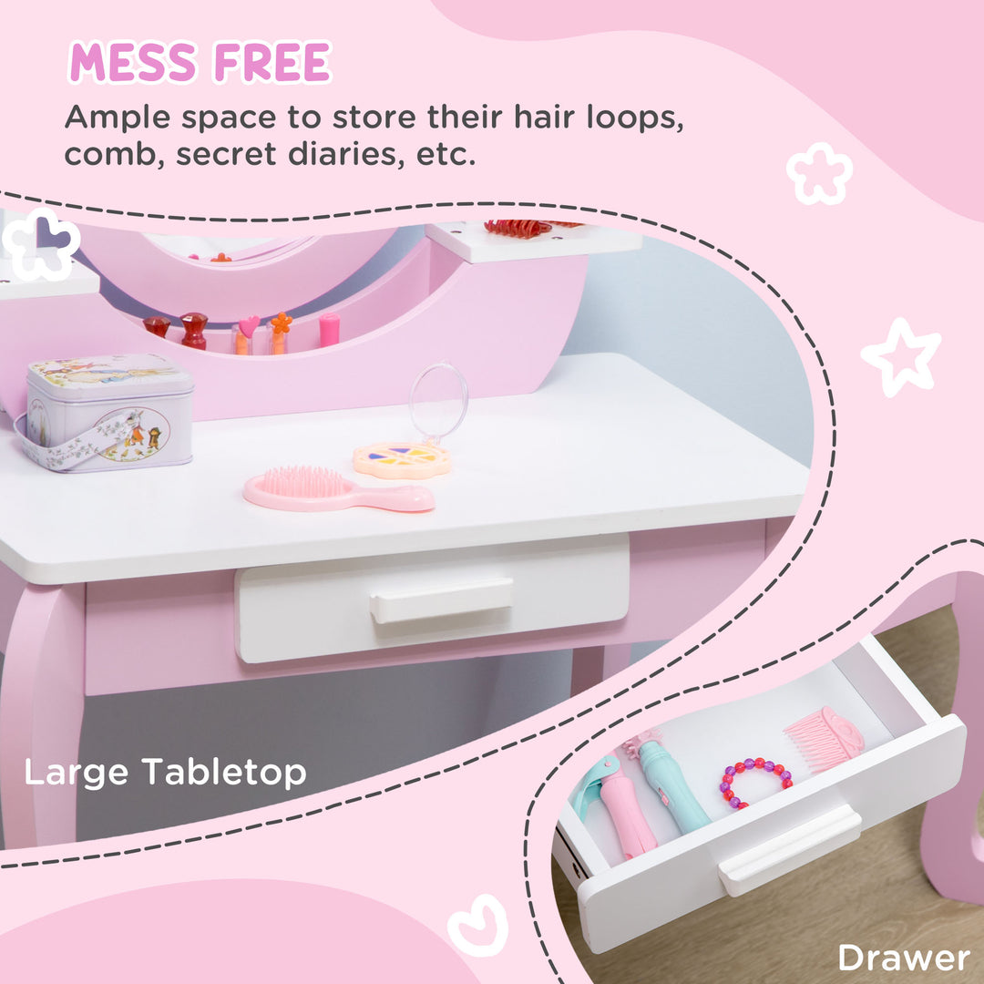 Kids Dressing Table Set Kids Vanity Set Girl Makeup Desk with Mirror Stool Drawer Round Legs for 3-6 Years Old