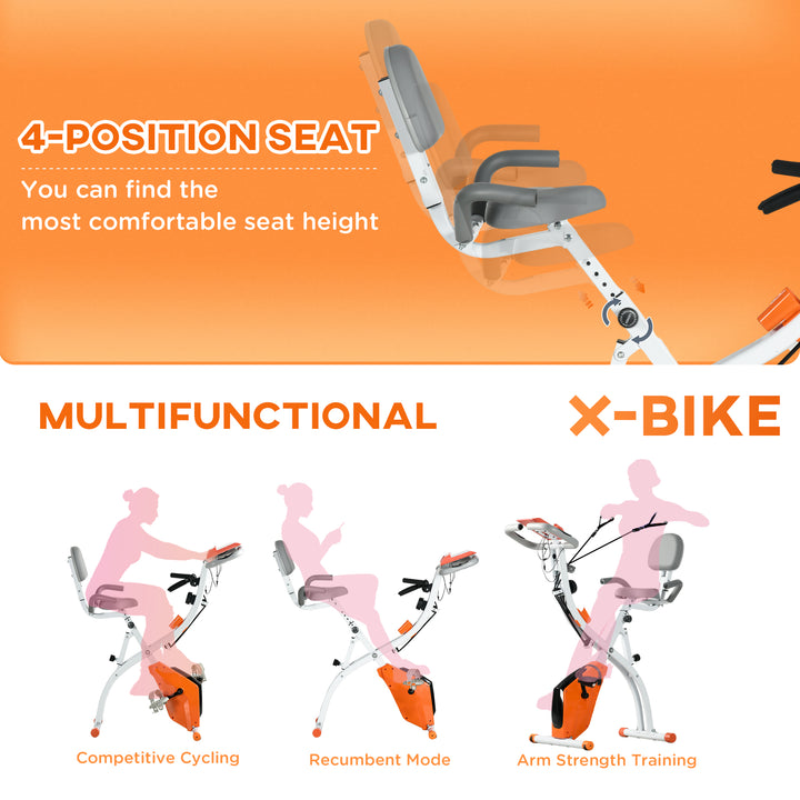 2-in-1 Upright Exercise Bike Stationary Foldable Magnetic Recumbent Cycling with Arm Resistance Bands Orange