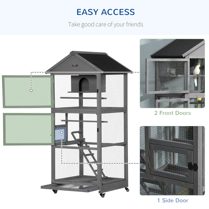 Bird Cage Mobile Wooden Aviary House for Canary Cockatiel Parrot with Wheel Perch Nest Ladder Slide-out Tray 86 x 78 x 180cm Dark Grey