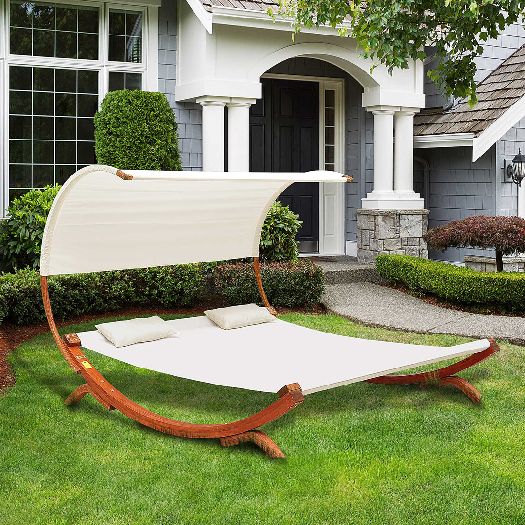 Hammock Chaise Day Bed with Canopy Wooden Double Sun Lounger - Cream