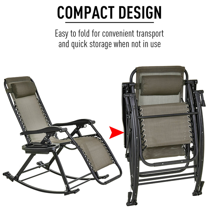 Garden Rocking Chair Folding Recliner Outdoor Adjustable Sun Lounger Rocker Zero-Gravity Seat w/ Headrest Side Holder Patio