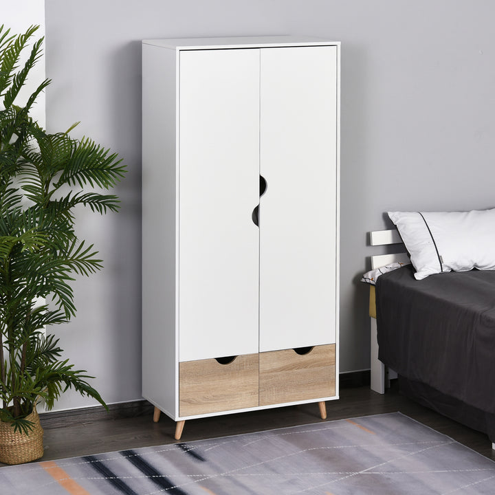 2-Door Clothes Wardrobe w/ Rail Shelf 2 Drawers Wood Feet Elegant Home Storage Organisation Furniture Dresses Coats Blankets White