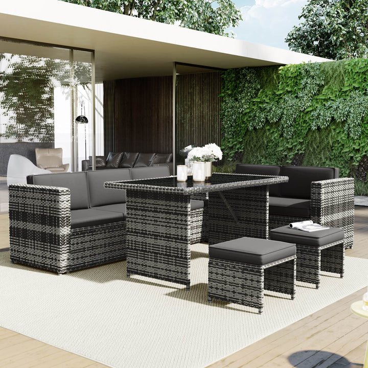 7 Seater Rattan Garden Patio Corner Sofa Set with Glass Topped Table