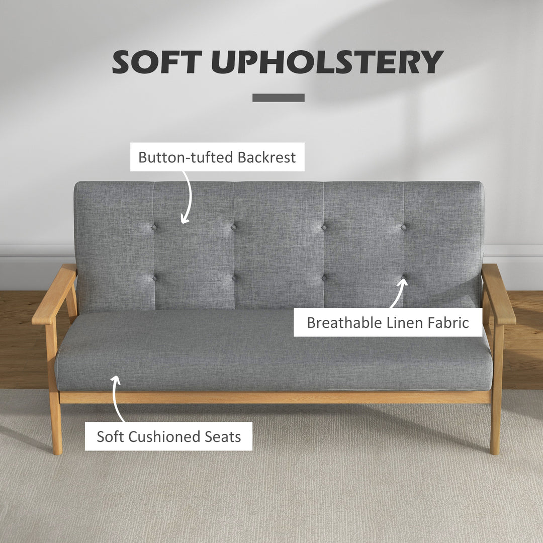 Modern 2-Seat Sofa Linen Fabric Upholstery Tufted Couch with Rubberwood Legs Dark Grey