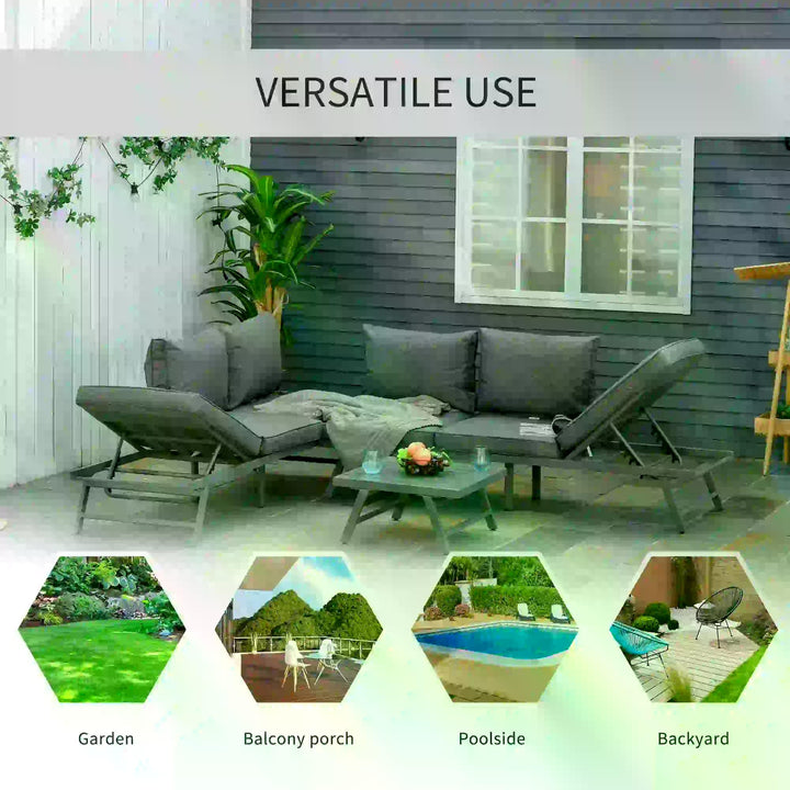 3 Pcs Garden Seating Set w/ Convertible Sofa Lounge Table Padded Cushions Outdoor Patio Furniture Couch Grey