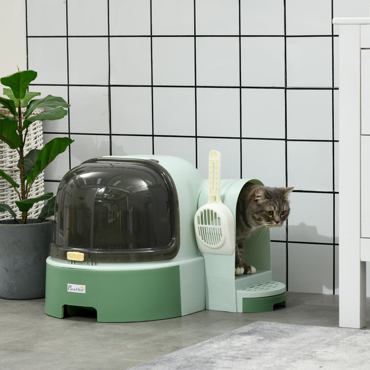 PP Cat Litter Box with Drawer Pans Scoop Openable Cover Green