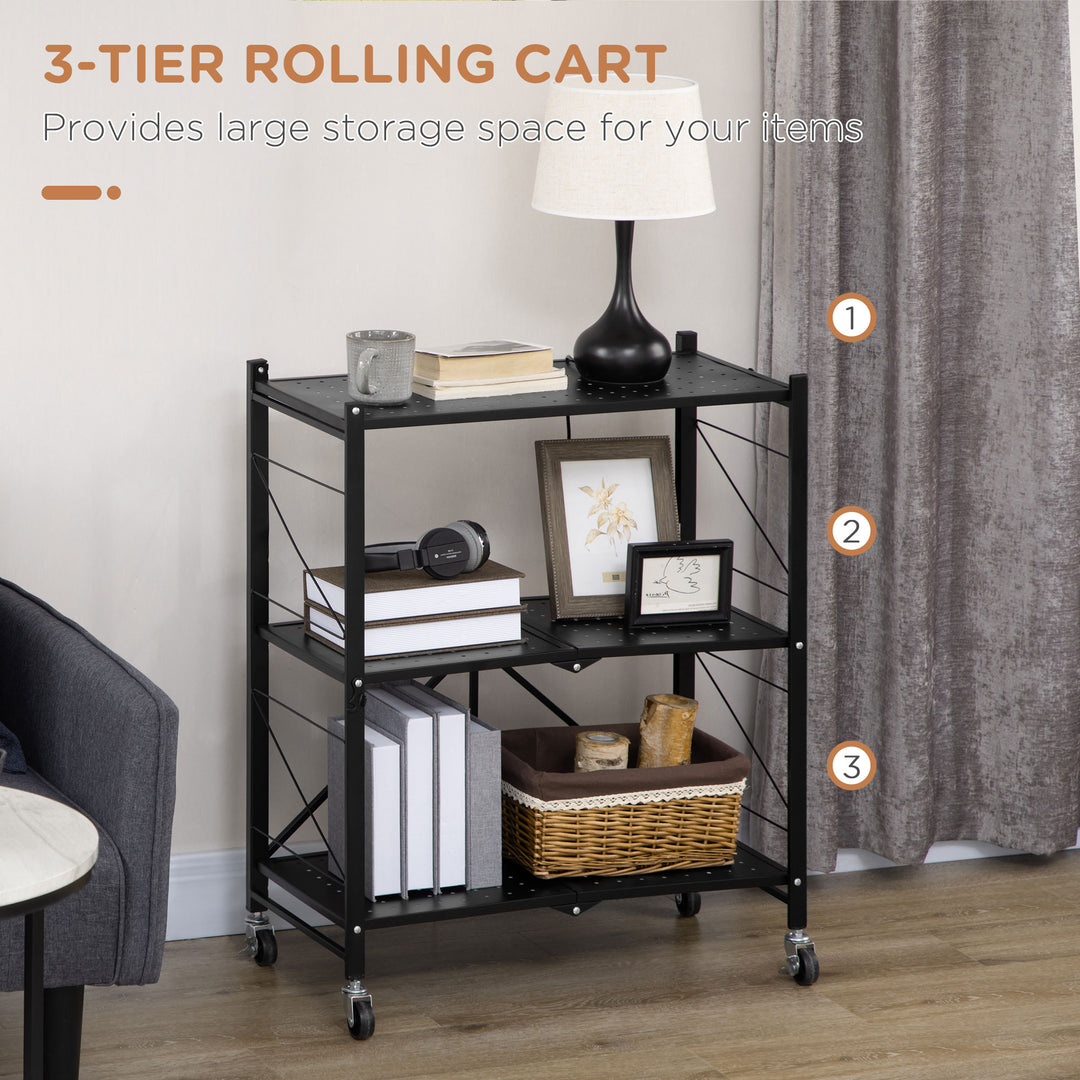 Wheeled Utility Trolley: Foldable 3-Tier Cart for Kitchen