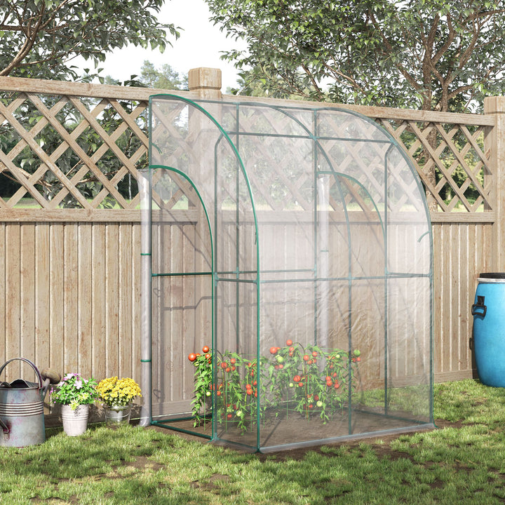 Walk-In Greenhouse Lean to Wall Tunnel Greenhouse with Zippered Roll Up Door PVC Cover Sloping Top