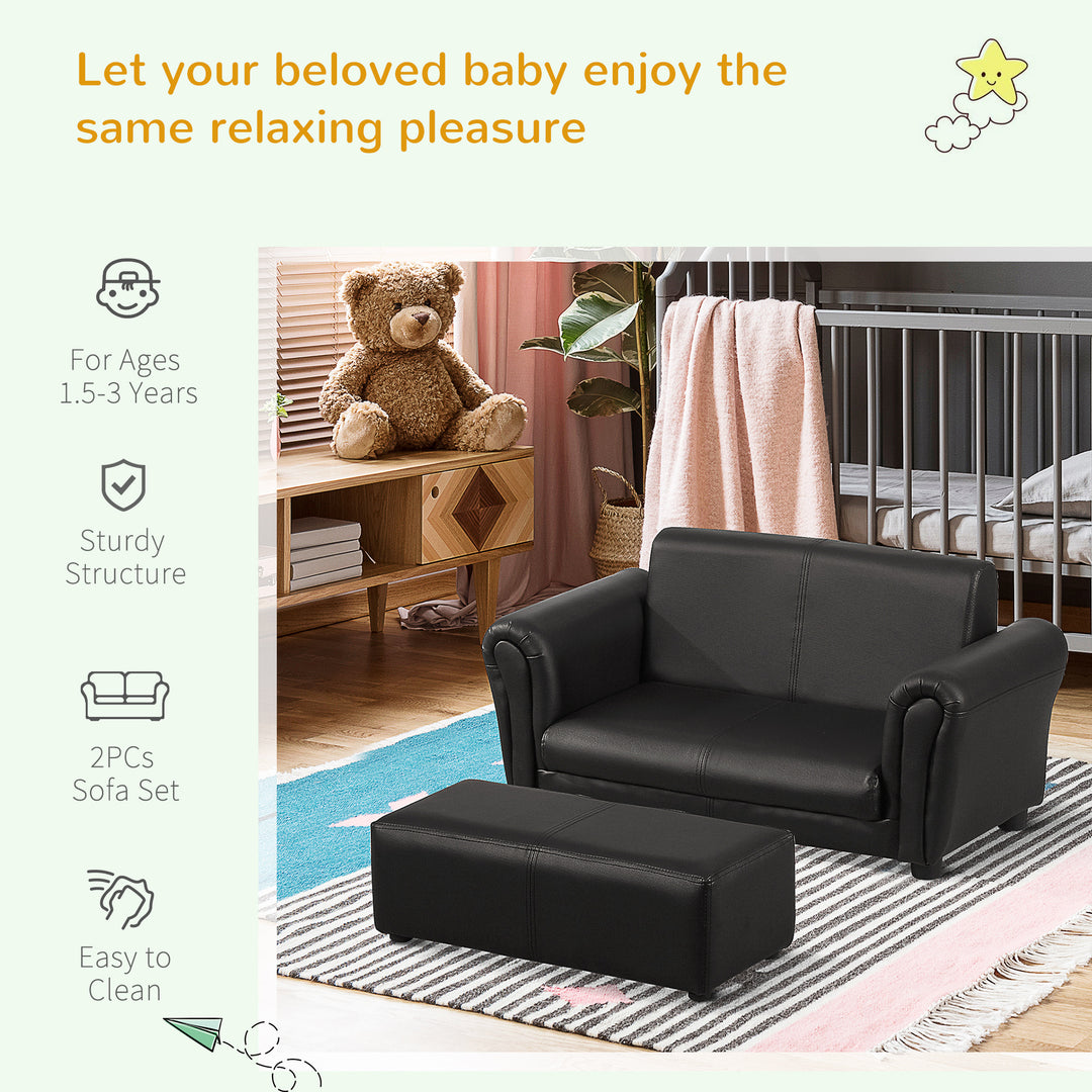 2 Seater Toddler Chair Kids Twin Sofa Childrens Double Seat Chair Furniture Armchair Boys Girls Couch w/ Footstool (Black)