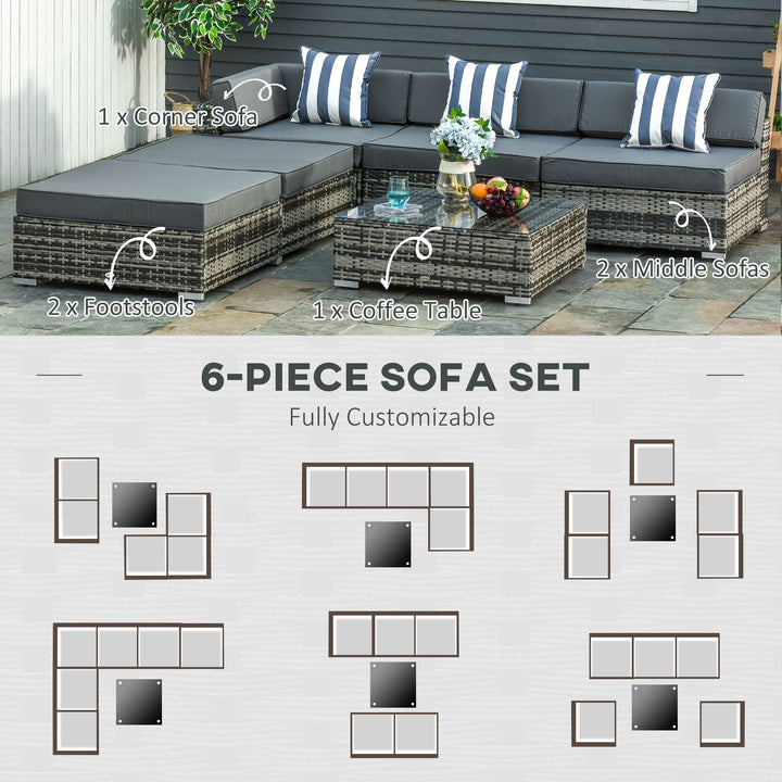 5-Seater Rattan Sofa Coffee Table Set Sectional Wicker Weave Furniture for Garden Outdoor Conservatory w/ Pillow Cushion Grey