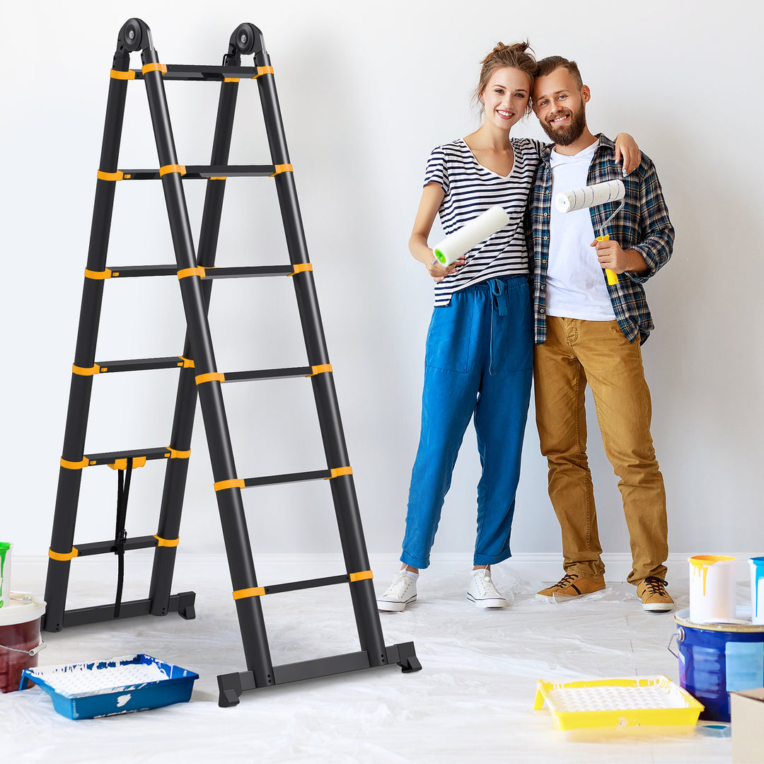 3.8M Duo Aluminium Ladder w/ Tool Holder Herringbone Deployed Extendable DIY w/ 12 Non-Slip Steps