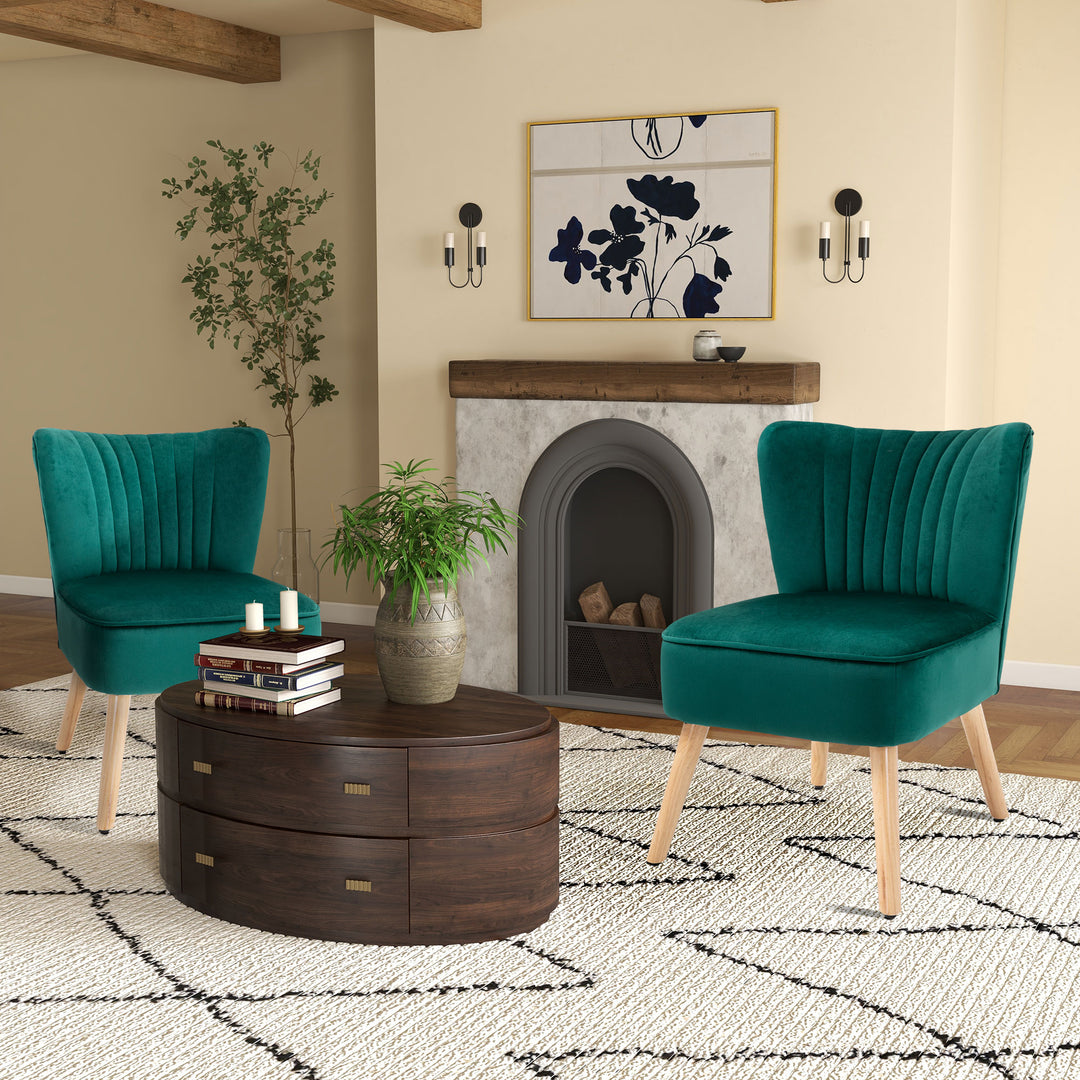 Velvet Accent Chair Occasional Tub Seat Padding Curved Back with Wood Frame Legs Home Furniture Set of 2 Green