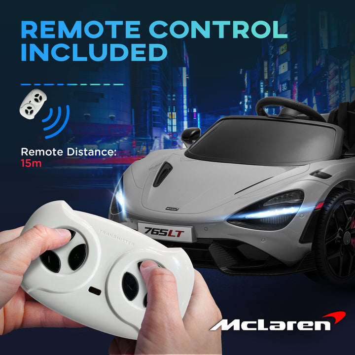 McLaren 765LT Licensed 12V Kids Electric Ride on Car with Butterfly Doors Remote Control Training Wheels Grey