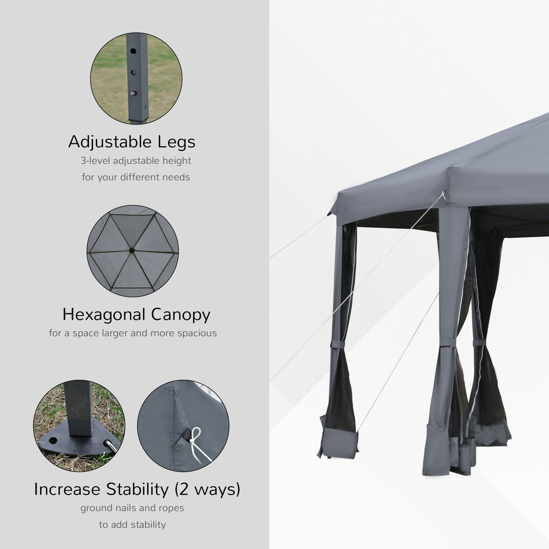 3.2m Canopy Rentals Pop Up Gazebo Hexagonal Canopy Tent Outdoor Sun Protection w/ Mesh Sidewalls