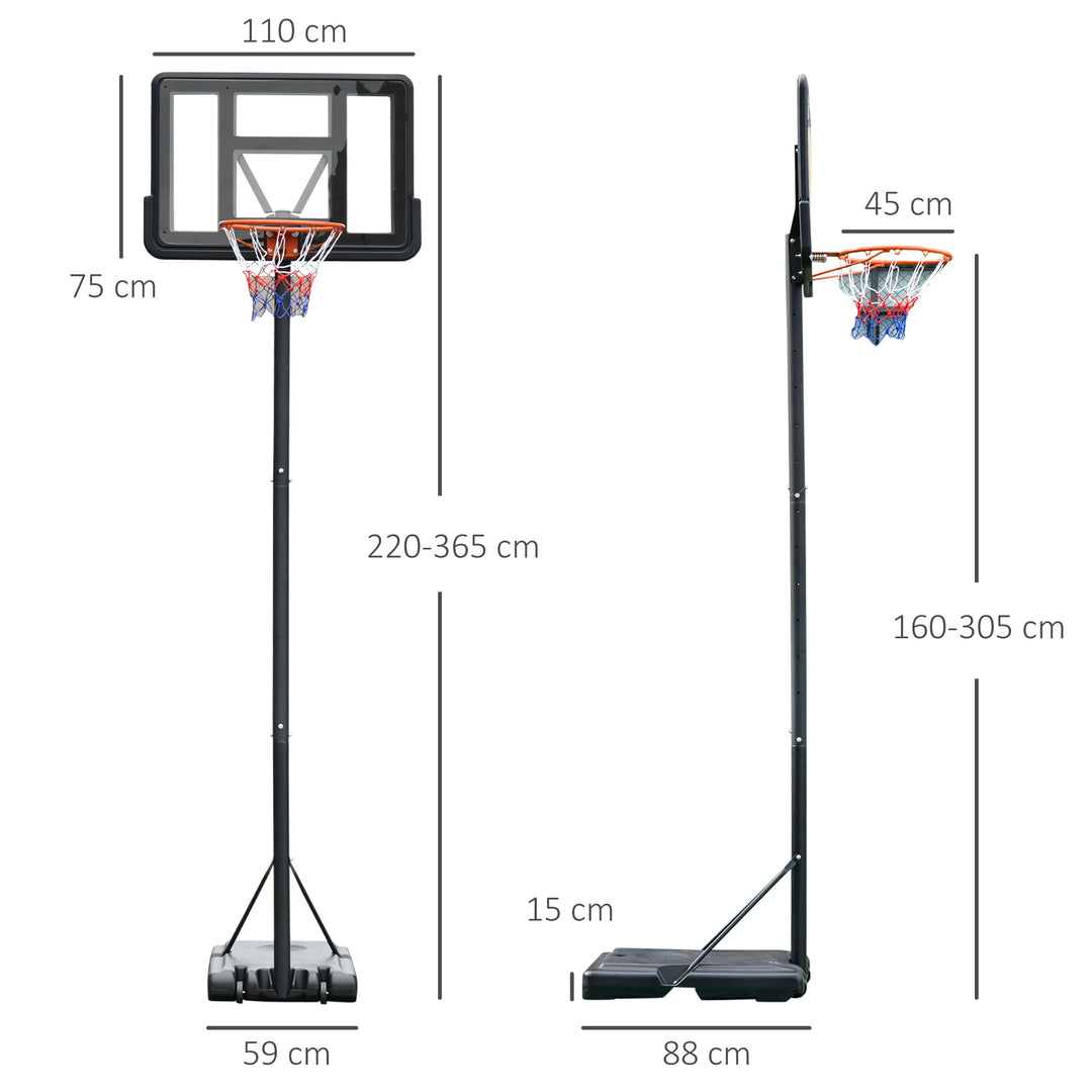 Portable Freestanding Basketball Hoop Stand Transparent Backboard 231-305cm Adjustable Basketball Hoop with Two Moving Wheels