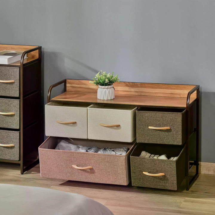 Fabric Dresser: 5-Drawer Linen Tower with Wooden Top