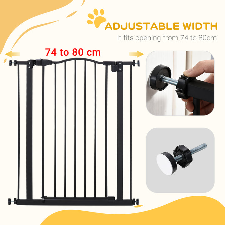 74-84cm Adjustable Metal Pet Gate Safety Barrier w/ Auto-Close Door Double Locking Easy-Open Doors Stairs Home Frames Black