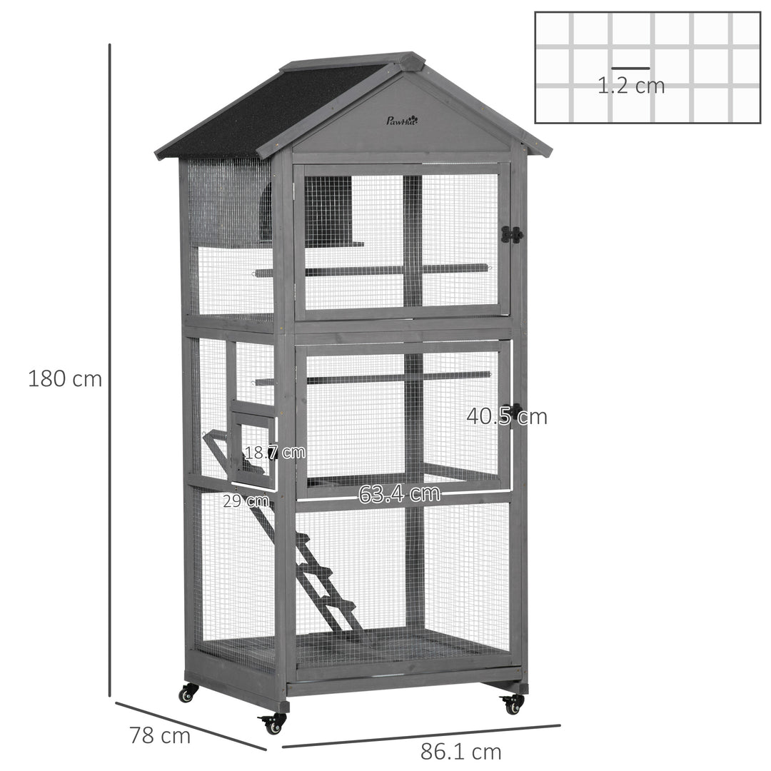 Bird Cage Mobile Wooden Aviary House for Canary Cockatiel Parrot with Wheel Perch Nest Ladder Slide-out Tray 86 x 78 x 180cm Dark Grey