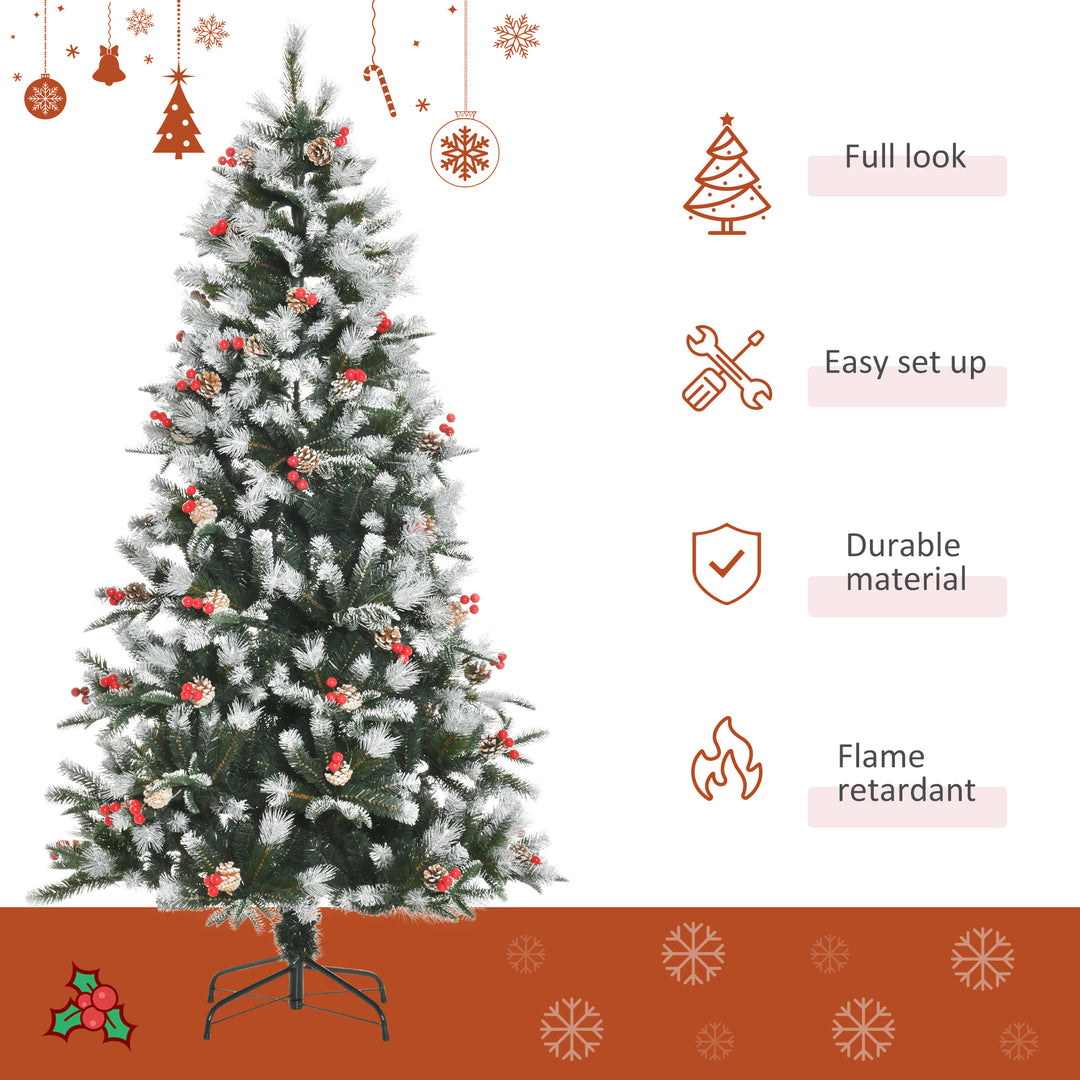 6FT Artificial Snow Dipped Christmas Tree Xmas Pencil Tree Holiday Home Party Decoration with Foldable Feet Red Berries White Pinecones