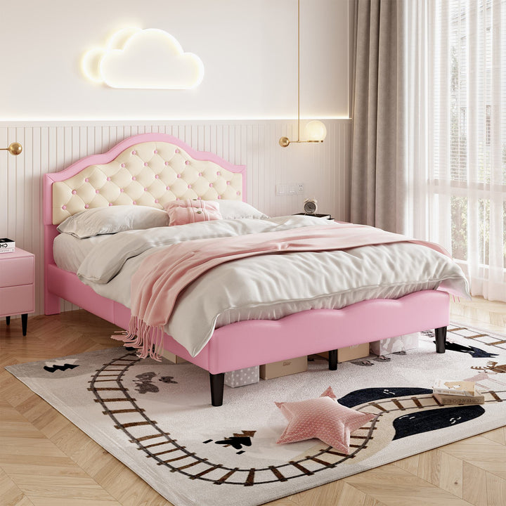 Upholstered Double Bed Frame with Adjustable Button-Tufted Headboard