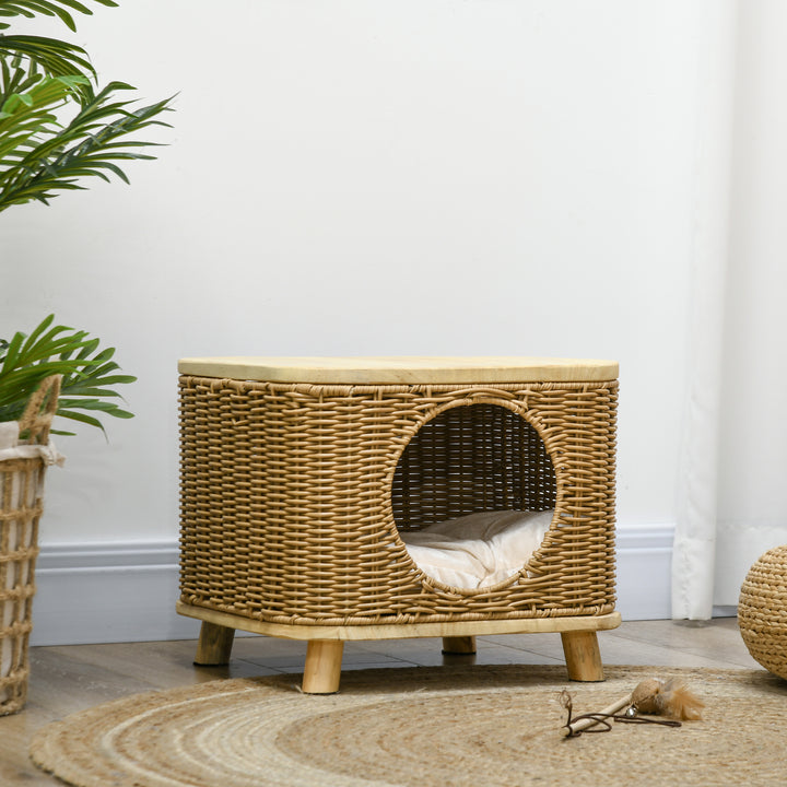 Elevated Design Wicker Cat House with Washable Cushion